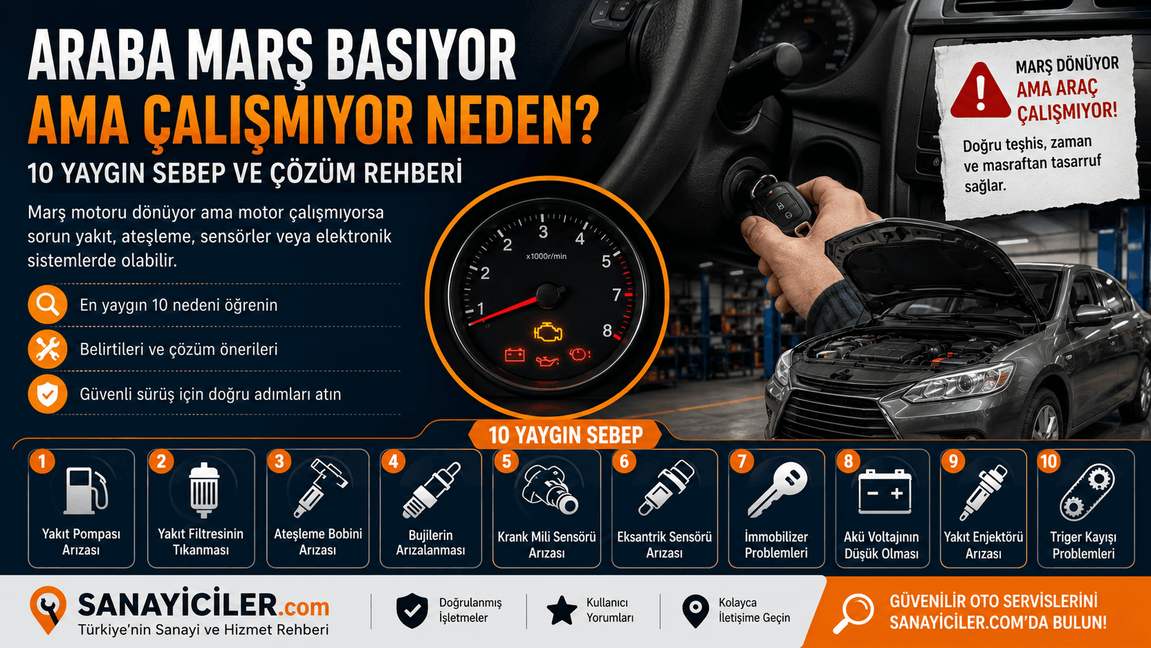 Araba Marş Basıyor Ama Çalışmıyor Neden? En Yaygın 15 Sebep ve Çözüm Önerileri